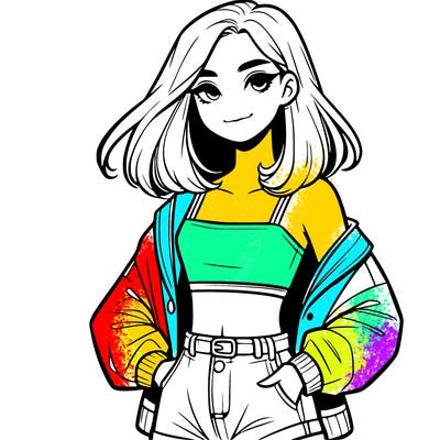 a realistic girl with a crop top and short shorts in an open jacket
