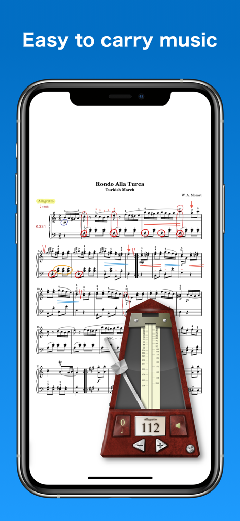 Interfaz de la app Piascore que muestra partituras anotadas y un metrónomo digital en un iPhone
