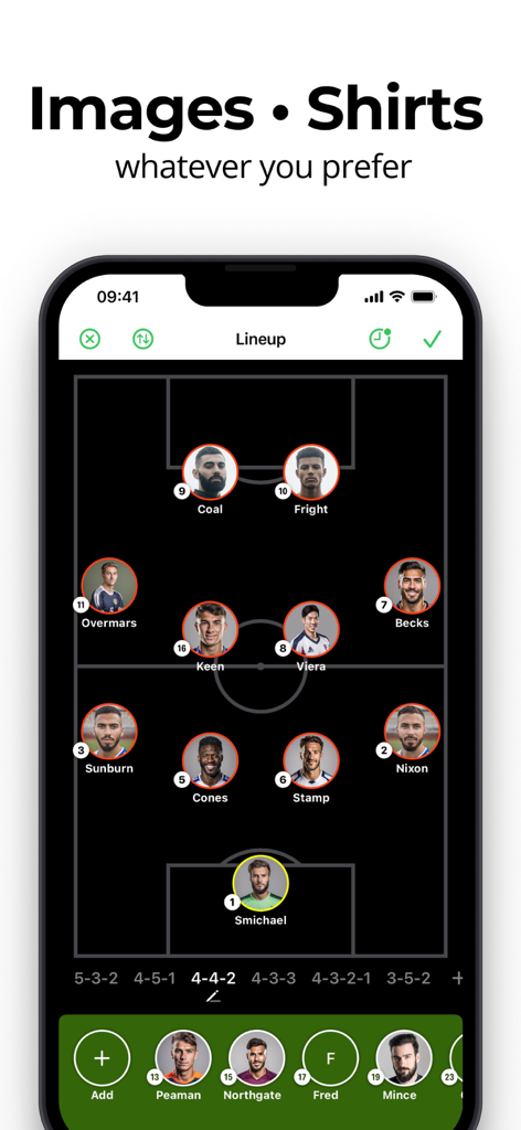 Construtor de formação de equipe de futebol com fotos de jogadores em um layout 4-4-2