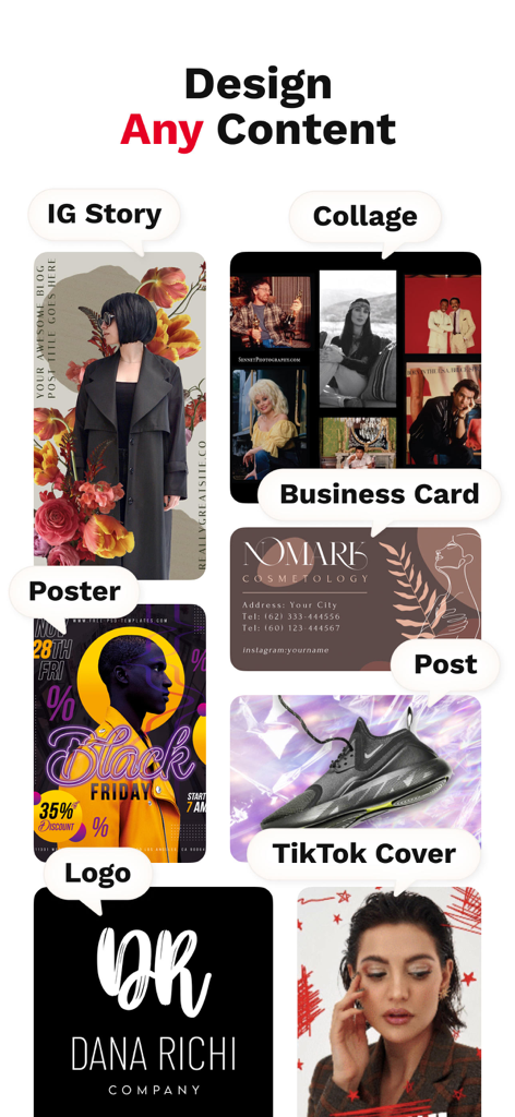 Thumbnail Maker - TubeCut - Una variedad de plantillas de diseño para historias de Instagram, portadas de TikTok, tarjetas de visita y logotipos