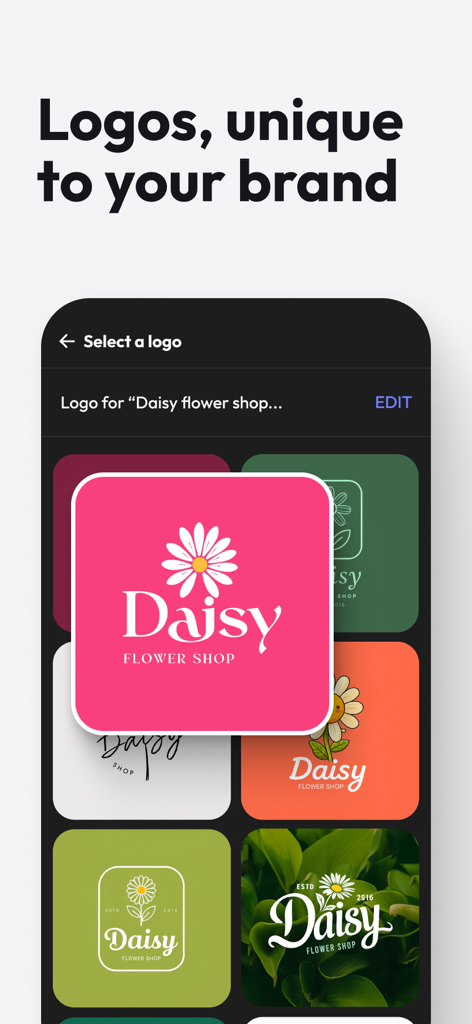 Logofy AI Logo Maker & Creator - Logofy app interface showcasing multiple AI-generated logo styles for a flower shop business.