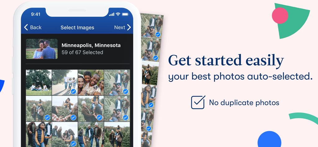 The Motif app interface highlighting automatic selection of best photos for printing with no duplicates.