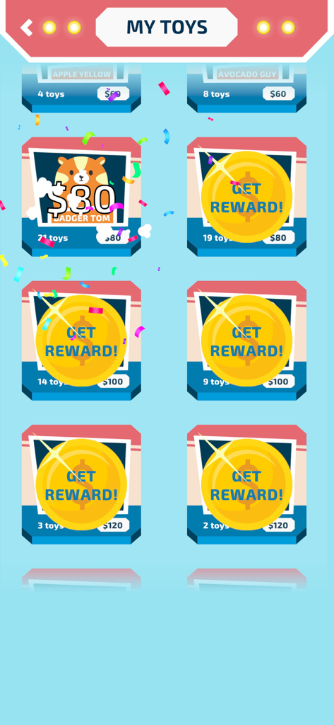 Go Toy! - Go Toy game screen showing the My Toys collection gallery with coins and rewards