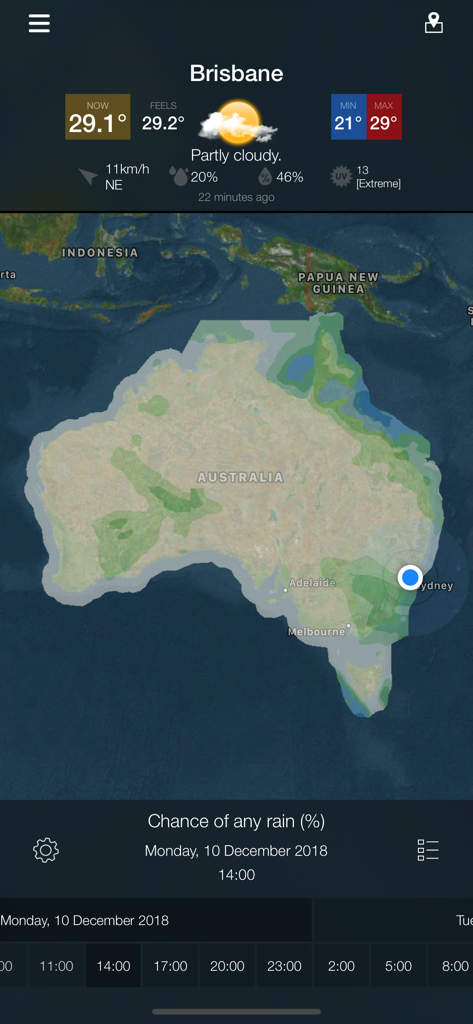 AUS Radar: WeatherAlert - AUS Radar app screen displaying Brisbane weather forecast and rain probability map of Australia