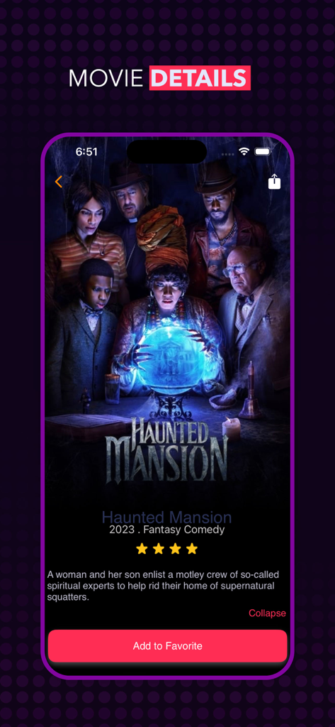 Mobile app screen showing movie details for Haunted Mansion with ratings and description