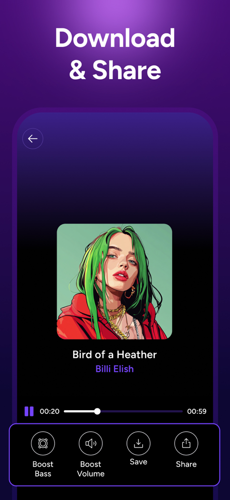Mobile app interface showing a music player with volume and bass boost controls and a share button