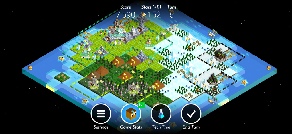 Isometric view of a turn based strategy map in The Battle of Polytopia with cities and diverse terrains