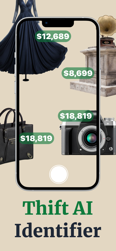 Thrift AI Profit Identifier - Smartphone using Thrift AI Profit Identifier to scan vintage items and display resale values