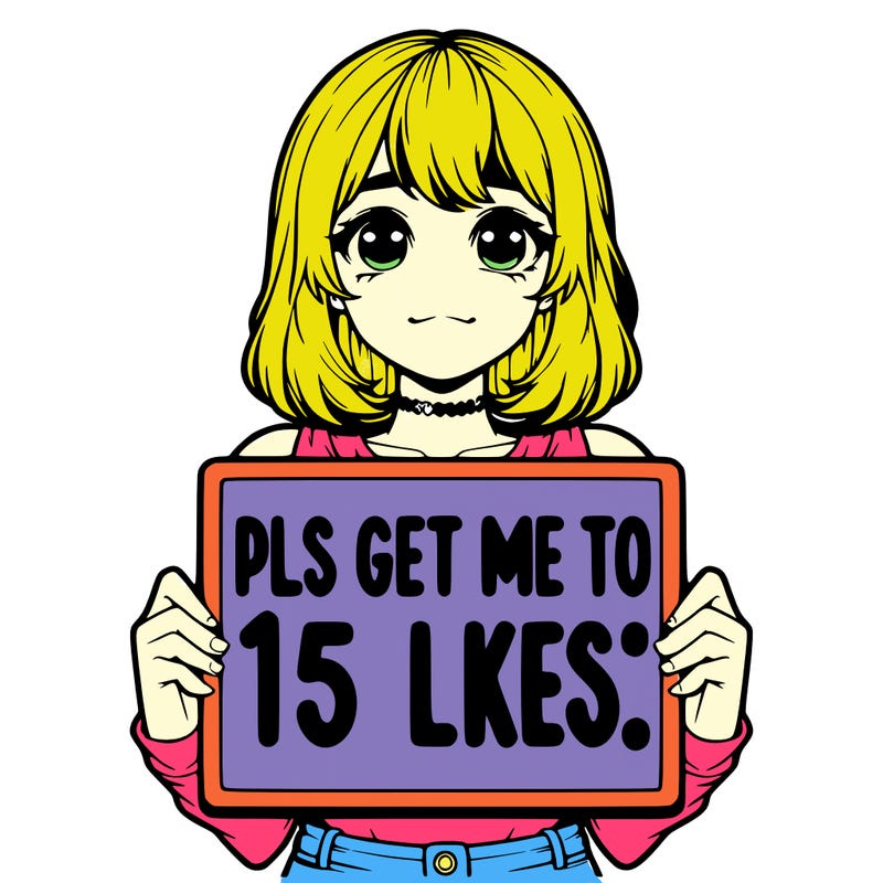 realistic girl holding up a sign that says “pls get me to 15 likes!”