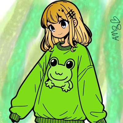 girl wearing frogging sweatshirt