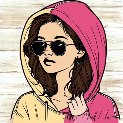 realistic teenage girl, wearing a hoodie and sunglasses