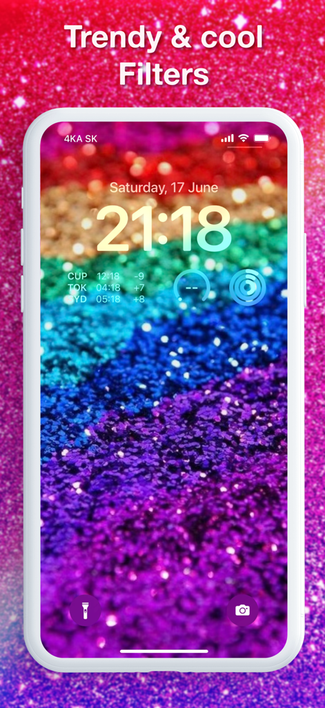 Glitter & Girly Wallpapers 4k - iPhone lock screen displaying a vibrant rainbow glitter wallpaper with custom widgets