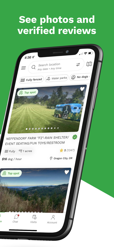 Interface de l'application Sniffspot affichant des annonces de parcs pour chiens privés avec photos et évaluations