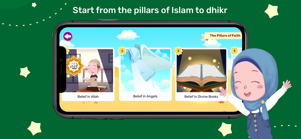 Kabi Islamic Education - Una captura de pantalla de la aplicación Kabi Islamic Education que muestra lecciones sobre los Pilares de la Fe, incluida la Creencia en Alá, los Ángeles y los Libros Divinos.