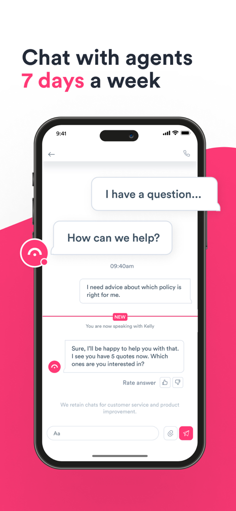 A mobile screen showing the Jerry app chat interface with a customer service agent providing insurance advice.