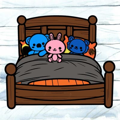 a bed with plushies in it