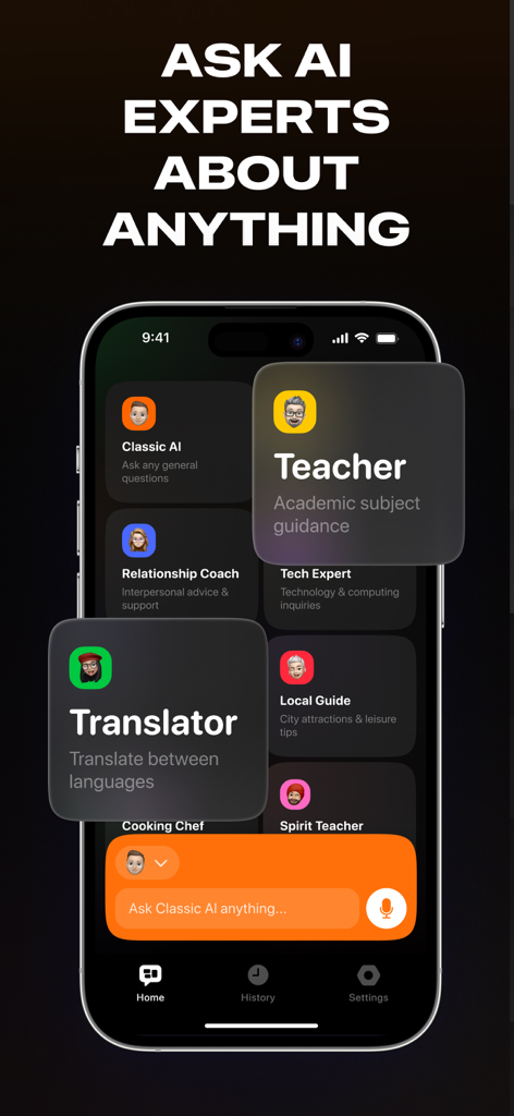 Openchat: AI Chatbot Copilot - A mobile screenshot of the Openchat app showing various AI expert personas including Teacher, Translator, and Relationship Coach