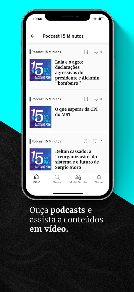 Gazeta do Povo - Gazeta do Povo app interface displaying a list of Brazilian political and news podcasts.