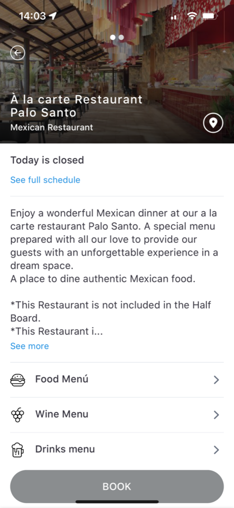 Bildschirm der Barcelo App für die Reservierung im mexikanischen Restaurant Palo Santo