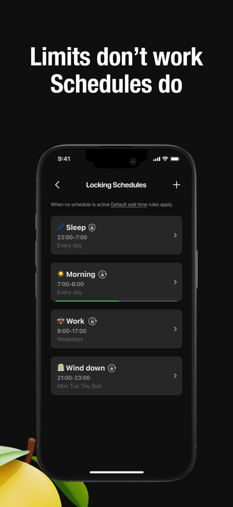 Lemio: Lock In Screen Time - Smartphone screen displaying Lemio app locking schedules for sleep morning work and wind down.
