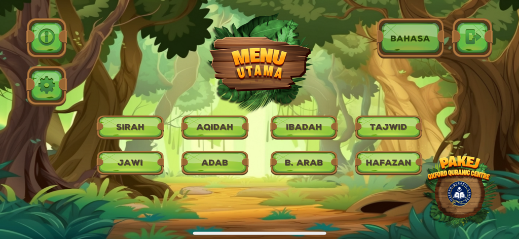 Le menu principal de l'application KAFA et UPKK Quiz proposant des boutons pour des matières comme Sirah, Aqidah et Jawi dans une interface thématique de jungle.