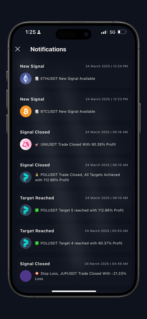 Whale Crypto Signals - Mobile app interface showing crypto trading notifications and signal alerts for Bitcoin and Ethereum