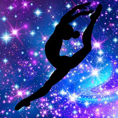 gymnast doing a leap in a leotard with a bent back leg