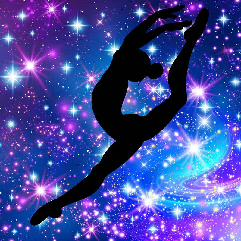 gymnast doing a leap in a leotard with a bent back leg