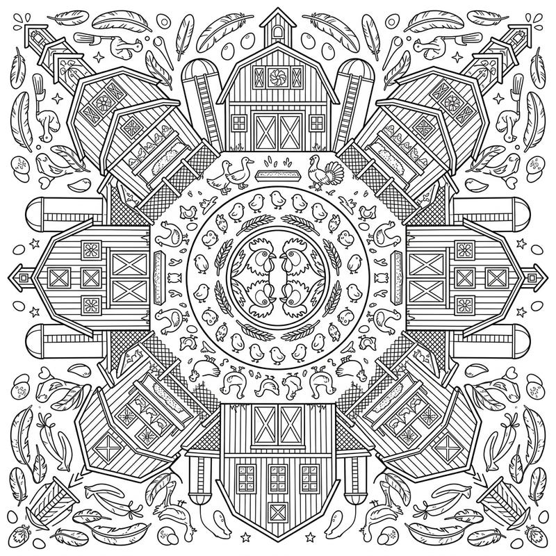 Dive into the charming world of farm animals with this unique Poultry Barns Mandala coloring page. This intricate design blends the rustic beauty of farm structures with the soothing symmetry of a mandala, perfect for a relaxing creative session.