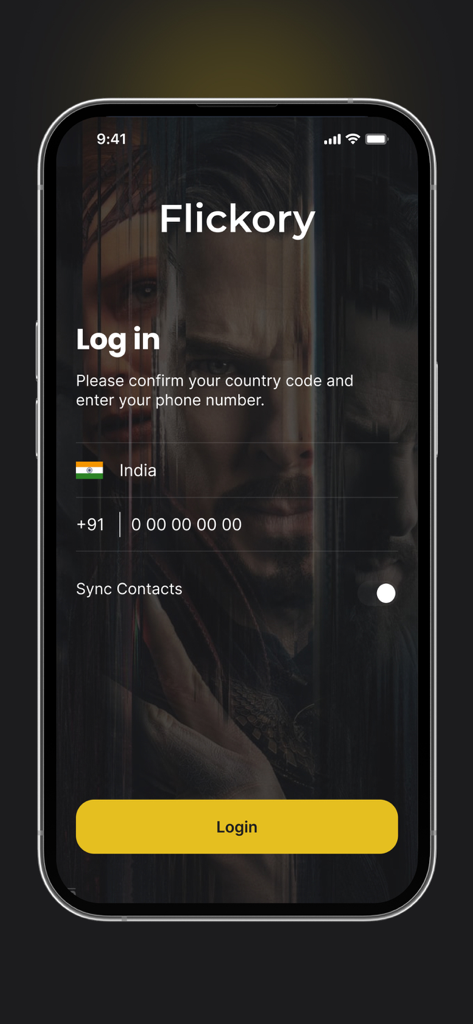 Flickory - Login screen of the Flickory movie app showing phone number authentication with a cinematic poster background