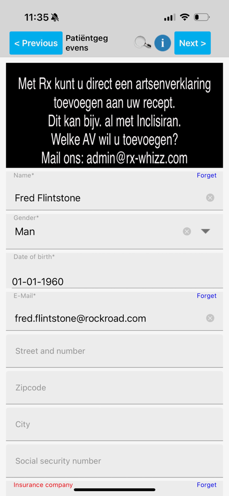 Rx whizz - Screenshot of the Rx Whizz app displaying a data entry form for patient details including name gender and date of birth for creating prescriptions.