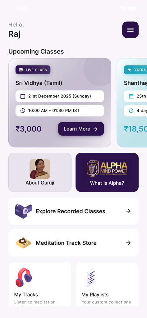 Alpha Mind Power - La pantalla de inicio de la aplicación Alpha Mind Power mostrando clases de meditación en vivo próximas y herramientas de entrenamiento de la mente subconsciente