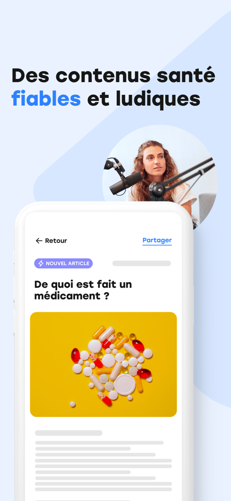 Goodmed - Scan de médicaments - Goodmed App-Oberfläche, die einen medizinischen Artikel über die Zusammensetzung von Medikamenten anzeigt und eine Frau, die eine Podcast-Episode aufnimmt.