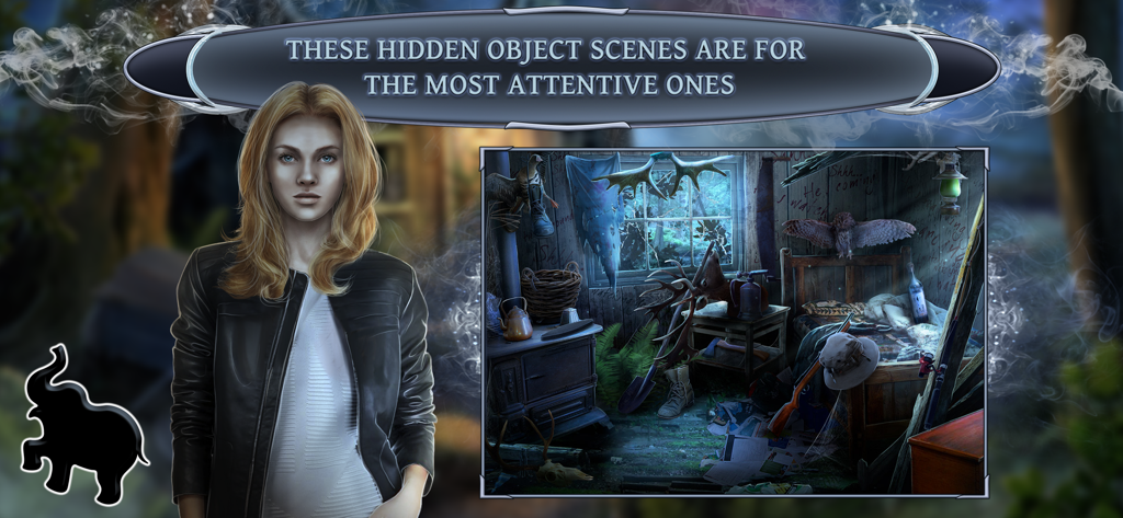 Paranormal Files 2・Tall Man - A blonde woman standing next to a detailed hidden object puzzle in a cluttered cabin room.