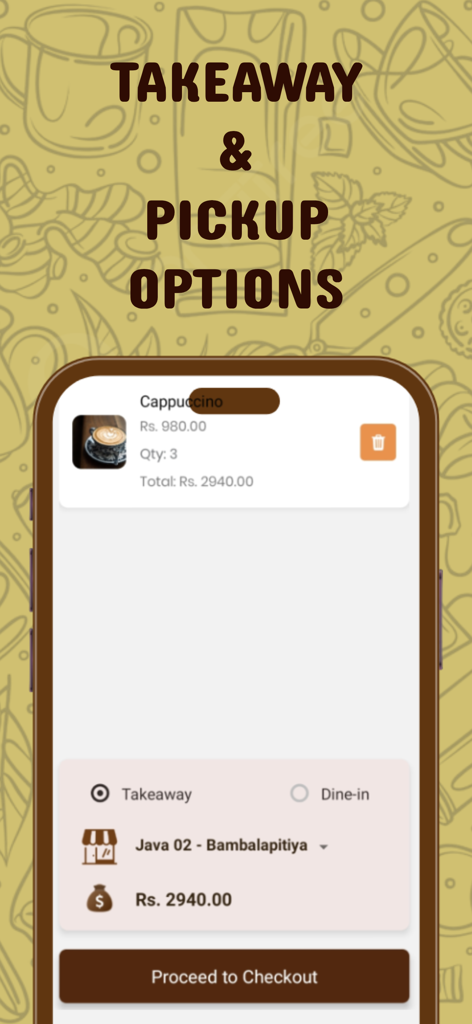 Checkout screen of Java Lounge app showing takeaway and pickup options for coffee