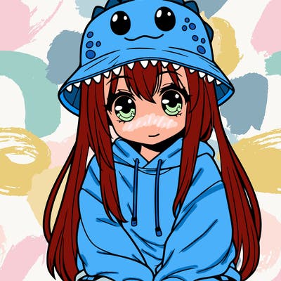 girl with anime shaped eyes with a dinosaur bucket hat oversized sweatshirt long straight hair
