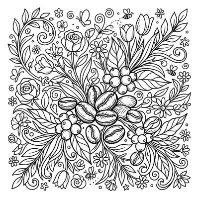 Awaken your senses with this beautiful coloring page featuring robust coffee beans nestled amidst a vibrant spring garden. It's the perfect blend of cozy comfort and natural renewal, ready for your creative touch.