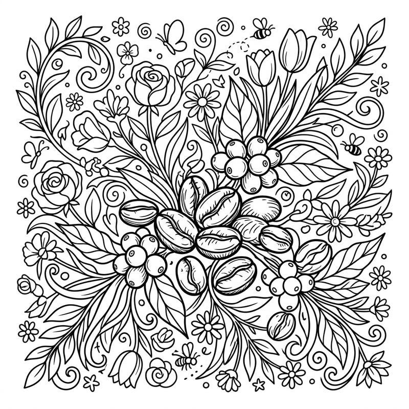 Awaken your senses with this beautiful coloring page featuring robust coffee beans nestled amidst a vibrant spring garden. It's the perfect blend of cozy comfort and natural renewal, ready for your creative touch.