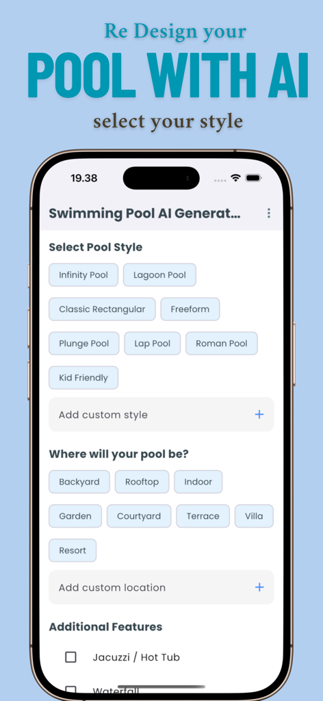 Mobile app interface for Pool AI showing options for pool styles and backyard locations