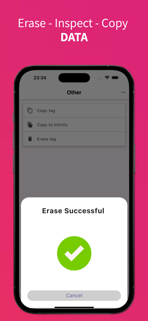NFC Tools • - 緑色のチェックマークと共に、NFCタグの消去成功確認を表示するiPhone画面