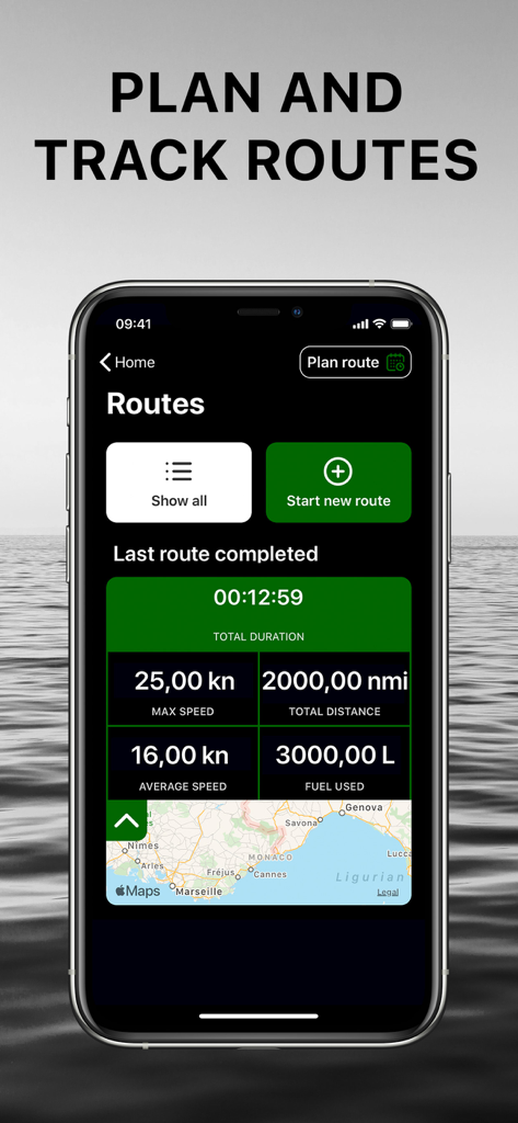 Yacht Manager App - Yacht Manager App interface for planning and tracking vessel routes showing distance, speed, and fuel consumption statistics.