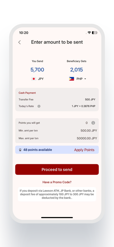 JME Remittance mobile app interface showing a transfer calculation from Japanese Yen to Philippine Peso with transaction fees and exchange rates