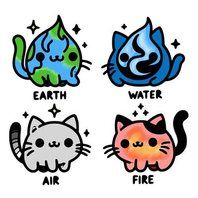 4 cats that represent the different elements, earth, water, air, and fire