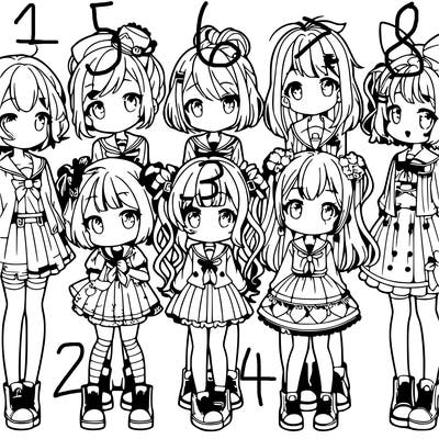 6 cute anime girls lined up