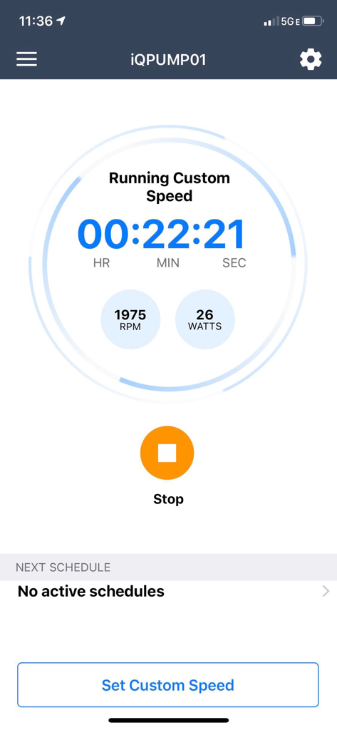 iAquaLink app screen monitoring pool pump RPM and power usage.