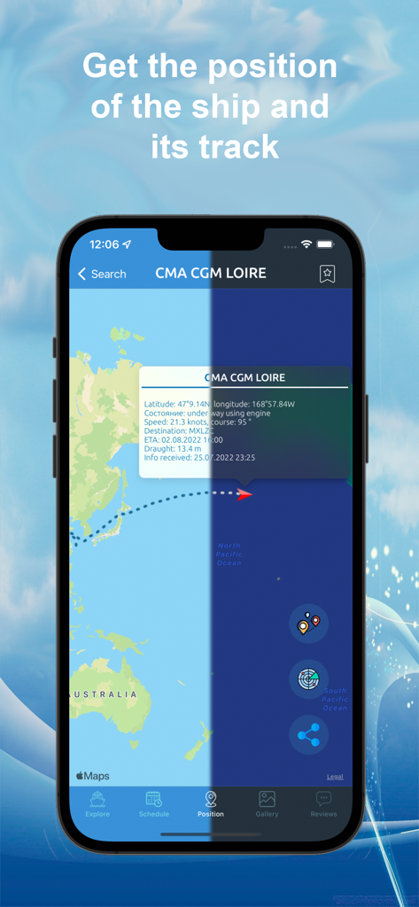 Ship Info - Mobiler Bildschirm mit Schiffsposition und maritimem Kurs auf einer Karte