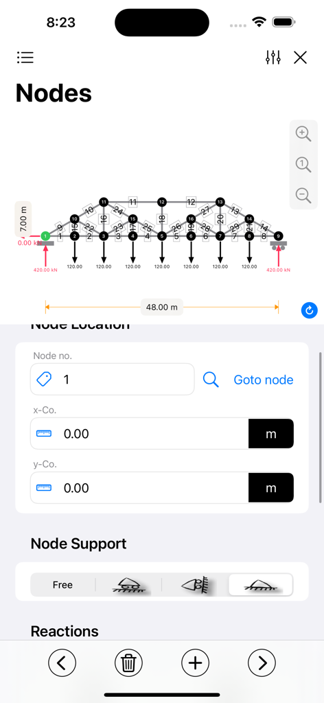 Structural analysis app interface showing a truss diagram and node configuration settings