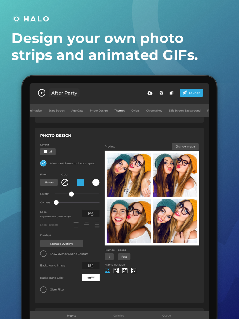 Simple Booth HALO - Interface of the Simple Booth HALO iPad app showing the photo design editor for customizing layouts and GIFs.