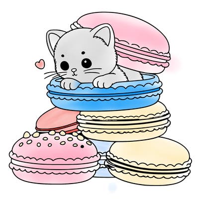 a kitten popping out of a stack of pastel macarons