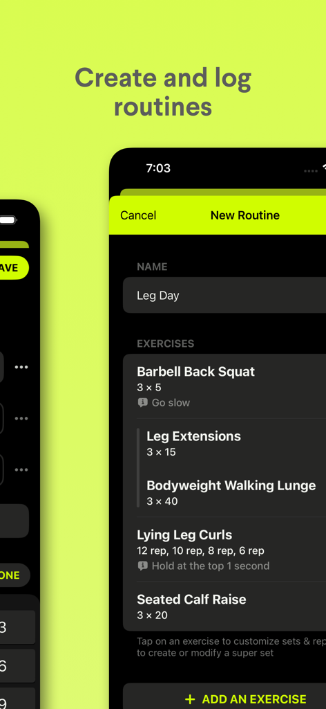 Gains Workout Tracker Gym Log - Interface of the Gains Workout Tracker app showing the creation of a new Leg Day routine with exercises and sets